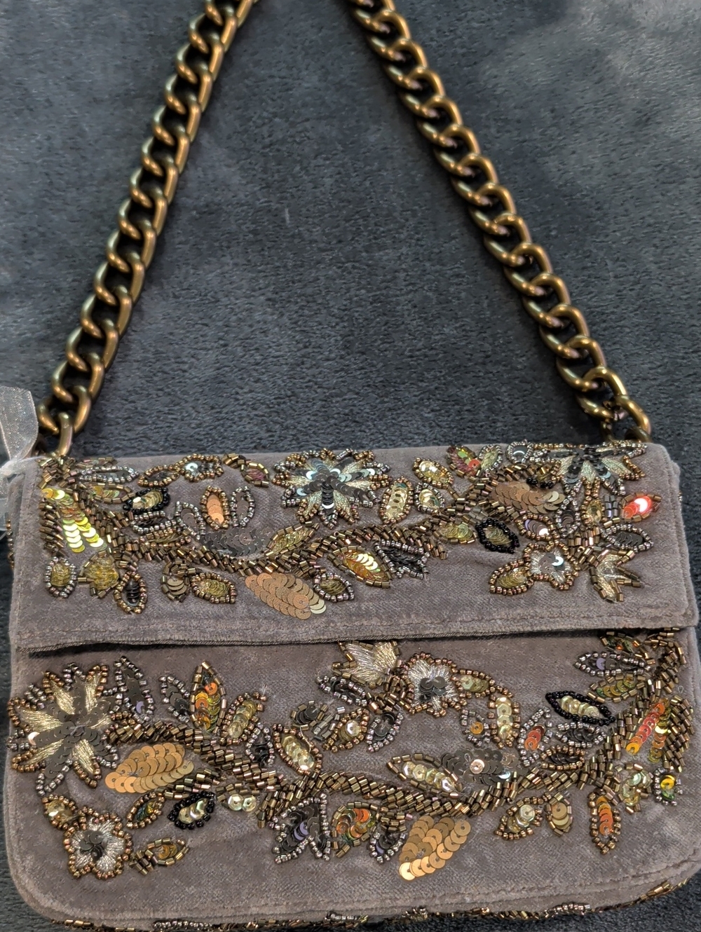 Embellished Gray Suede Evening Shoulder Bag
